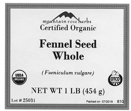 Mountain Rose Herbs, Certified Organic Fennel Seed Whole, Net Wt 1 lb , Front label