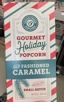 Box Front – Cedar Creek Popcorn, Gourmet Holiday Popcorn, Old Fashion Caramel, 18 oz.