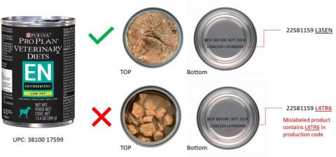 Purina Pro Plan Veterinary Diets EN Gastroenteric Low Fat (PPVD EN Low Fat) prescription wet dog food in 13.4 oz can, Production code, 22581159 L4TR6 Top:  correct product looks more like a pate consistency Bottom: the mislabeled product