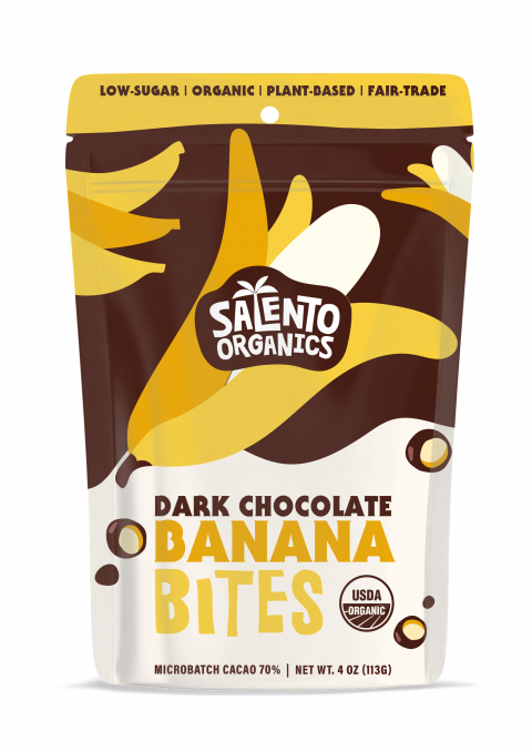 Product image, Salento Organics Dark Chocolate Banana Bites, 4oz.
