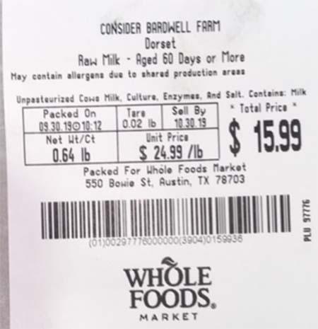 Whole Foods Market scale label Consider Bardwell Farm Dorset