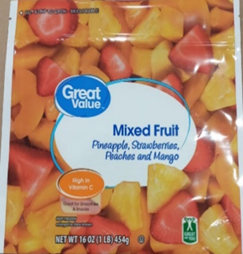 Image 1 – Labeling, Great Value Mixed Fruit packaged in a 16-ounce plastic bag