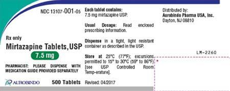 “Product label, Aurobindo Pharma USA, Inc. Mirtazapine Tablets, USP 7.5 mg 500 Tablets NDC 13107-001-05”