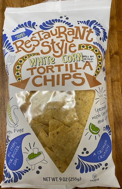Label, 9 ounce packages of “Trader Joe’s Restaurant Style White Corn Tortilla Chips”