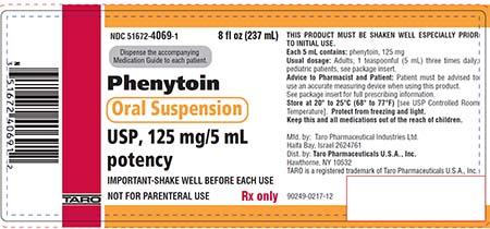 Product label, TARO Phenytoin Oral Suspension USP, 125 mg/5 mL potency, 8 fl oz (237mL) Taro Pharmaceuticals U.S.A., Inc.