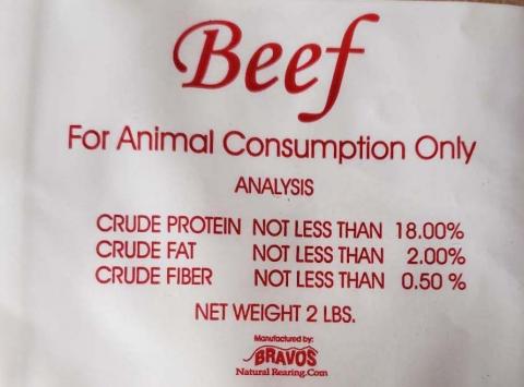 Label - Beef for Animal Consumption Only, Analysis, BRAVOS