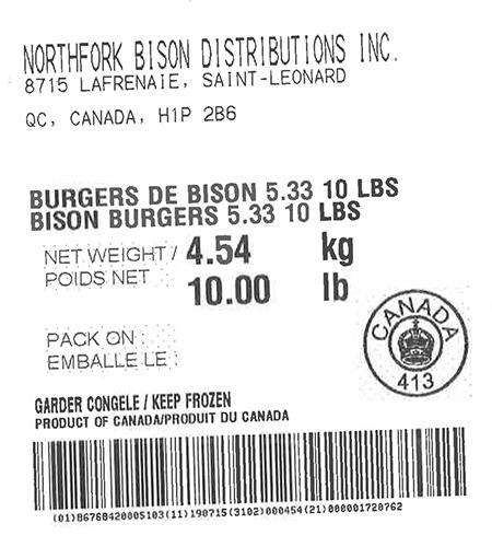 Product labeling Northfork Bison Distributions Inc. Bison Burgers 5.33  Net Weight 10 LBS