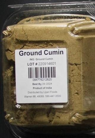 Ground Cumin in package,  UPC 094776212620, Lot # 220914601