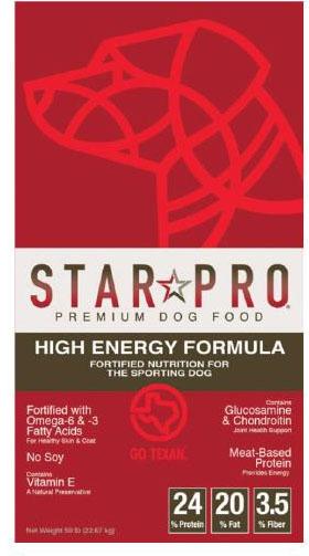 2. “STAR PRO, Premium Dog Food, High Energy Formula”