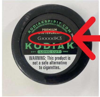 “Kodiak Long cute back label can with lot code”