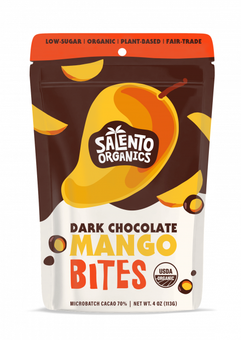 Product image, Salento Organics Dark Chocolate Mango Bites, 4oz.