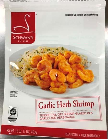 “Front of package, Schwan’s Garlic Herb Shrimp”