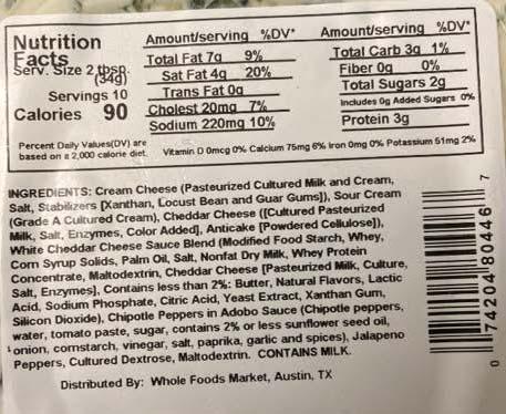 “Whole Foods Spinach and Artichoke Dip, Nutrition Facts Label”