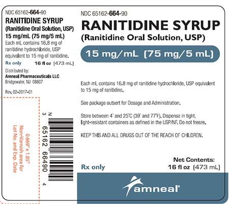 Product label, Amneal Ranitidine Syrup (Ranitidine Oral Solution, USP) 15 mg/mL (75 mg/5 mL) Rx only 16 fl oz (473 mL)
