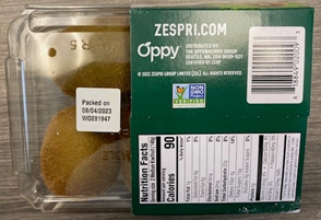 Zespri organic green kiwifruit, one-pound plastic clamshells with a WHITE STICKER that includes Work Order (WO) number and Packed on date is NOT affected by this recall