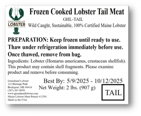 Label for Greenhead Lobster Frozen Cooked Lobster Tail Meat, Frozen