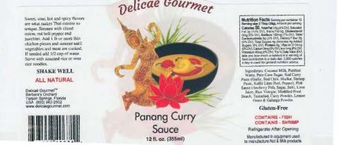 Label 3 “Declicaé Gourmet Panang Curry Sauce, 12 fl. oz.”