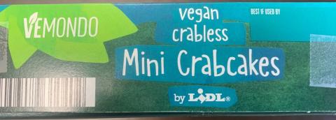 Product packaging top showing Codes, Vemondo Vegan Crabless Mini Crabcakes by Lidl NET ET 8.5 OZ (240g)