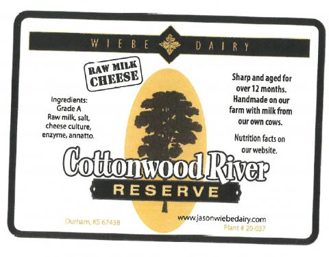 Product label, Wiebe Dairy Raw Milk Cheese, Cottonwood River Reserve