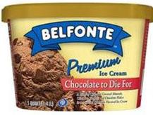 Product labeling and location of product coding, for 1.5 quart, Belfonte Premium Ice Cream, Chocolate to Die For flavor