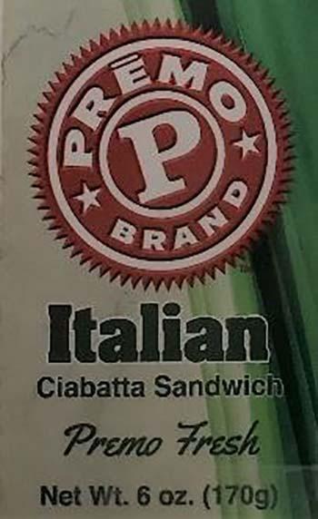 Product labeling, Premo Italian Ciabatta Sandwich 6 oz