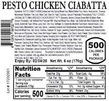 Product labeling, Premo Pesto Chicken Ciabatta 6 oz