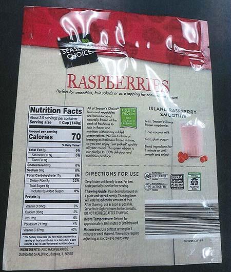 Back label Season’s Choice frozen Raspberries 12 oz bag