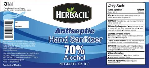 Product label front and back, Herbacil Antiseptic Hand Sanitizer Net 33.8 FL. OZ. (1 L)