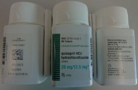 4th image: “Greenstone Brand Quinapril and hydrochlorothiazide tablets, 20 mg/25 mg”