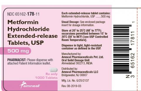Label, Metformin Hydrochloride Extended-release Tablets, 500mg, 1000 tablets, NDC 65162-178-11