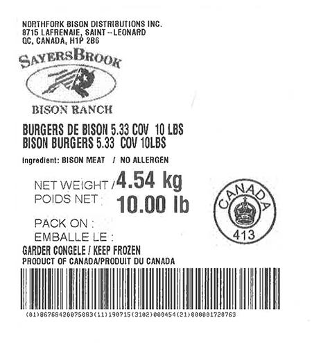 Product labeling Northfork Bison Distributions Inc. SayersBrook Bison Ranch Bison Burgers 5.33 COV Net Weight 10 LBS