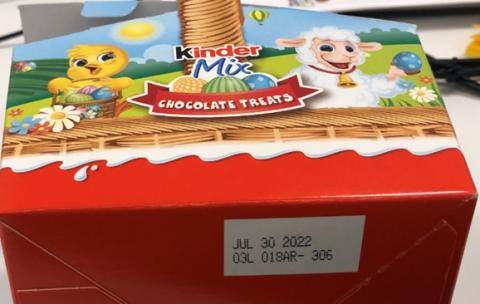 Kinder Mix Chocolate Treats Confections Assortment Basket, Bottom of Package (showing date code July 30, 2022; and production code 03L 018AR- 306)