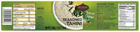 Label – ACHVA SEASONED TAHINI, Net WT. 500g 1.1lb (17.6 oz)