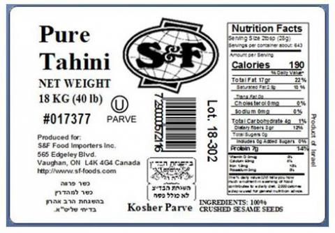 Image 2 - Label – S&F Pure Tahini, NET WEIGHT 18 KG (40 lb)