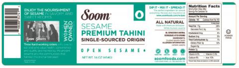 Label – Soom SESAME PREMIUM TAHINI, NET WT. 16 OZ (454G)