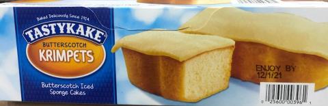 Photo – TASTYKAKE BUTTERSCOTCH KRIMPETS, Butterscotch Iced Sponge Cake Box with Enjoy By Code Location