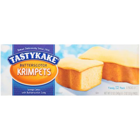 Photo – TASTYKAKE BUTTERSCOTCH KRIMPETS 12 count box Sponge Cakes with Butterscotch Icing