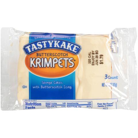 Photo – TASTYKAKE BUTTERSCOTCH KRIMPETS 3 count package Sponge Cakes with Butterscotch Icing with Enjoy By Code Location