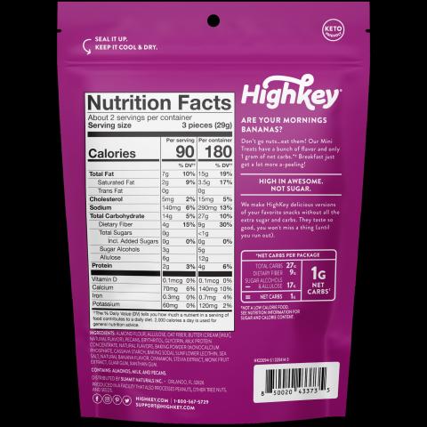 HighKey soft baked Mini Treats, Banana Nut, Net Wt. 2oz back label