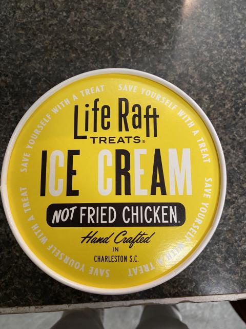 Lid label, Life Raft Treats NOT FRIED CHICKEN ICE CREAM