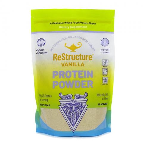 Photo 1/front: “ReStructure Vanilla Protein Powder, 594 G, front label”