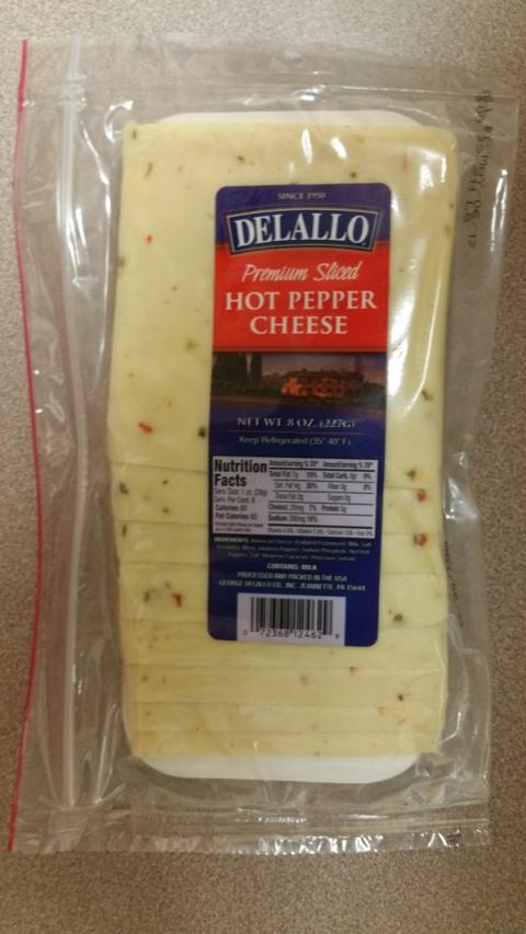 Label, Delallo Premium Sliced Hot Pepper Cheese