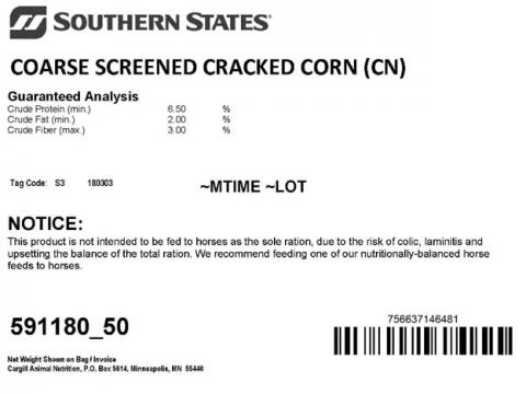 Label, Southern States Coarse Screened Cracked Corn (CN)