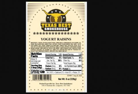 Label, Texas Best Smokehouse Yogurt Raisins