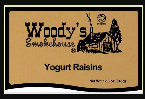 Label, Woody’s Smokehouse Yogurt Raisins