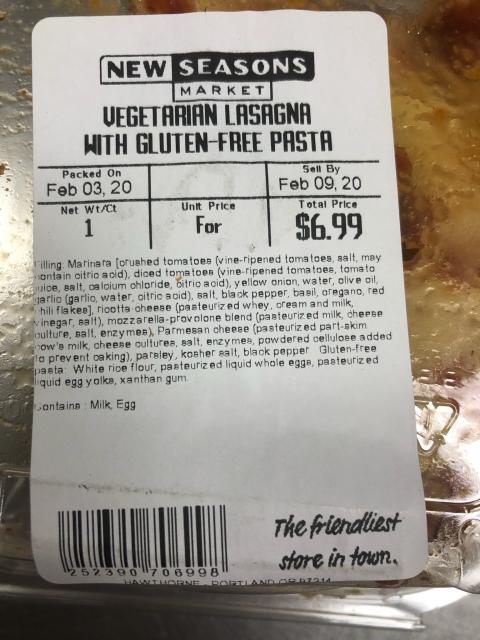 Label - New Season Market Vegetarian Lasagna w/Gluten Free Pasta