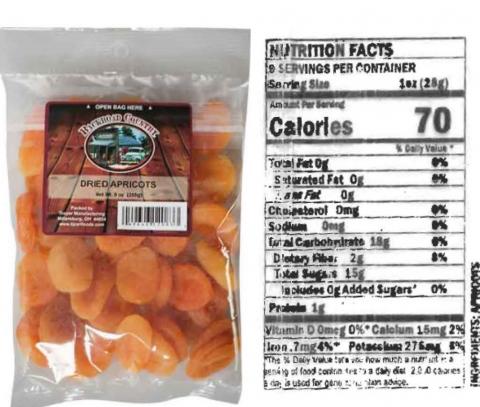 Backroad Country Dried Apricots, Net Wt. 9 oz, expiration date of 12/2021.