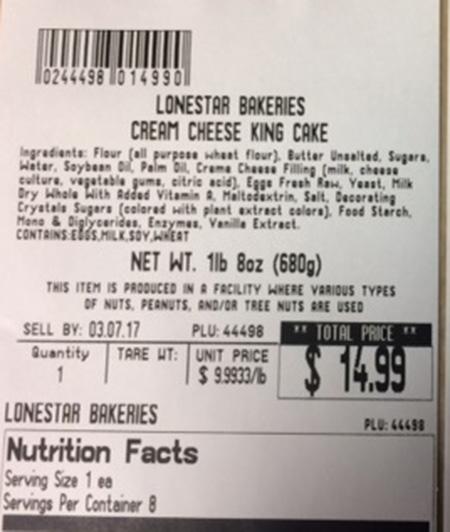 Lonestar Bakeries, King Cake label, net wt. 1 lb 8 oz