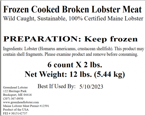 Master case label for Frozen Cooked Broken Meat 2 lbs.