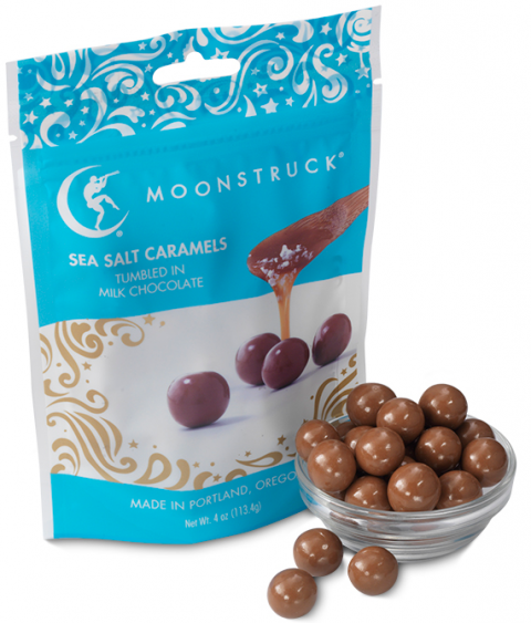 Label, Moonstruck Sea Salt Caramels Tumbled In Milk Chocolate